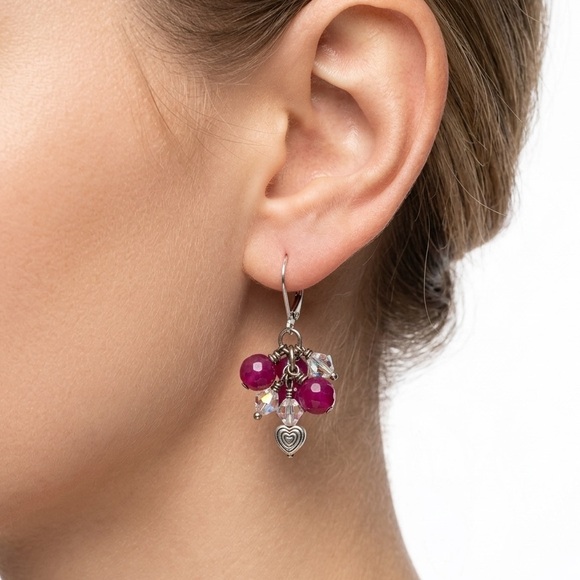 Fashion Jewelry Jewelry - Pink Cluster Earrings w/ Heart Charm | Magenta Crystal Leverback